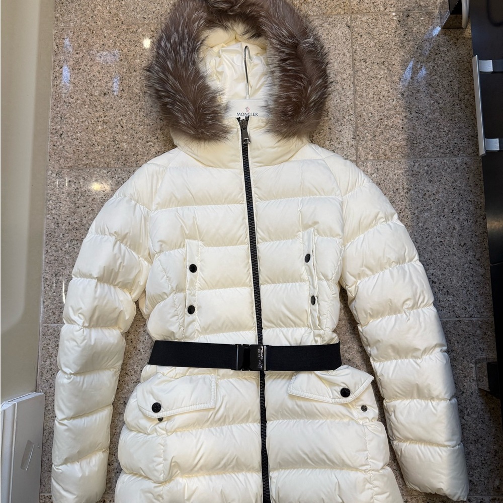 Moncler White Puffer Jacket with Fur Hood